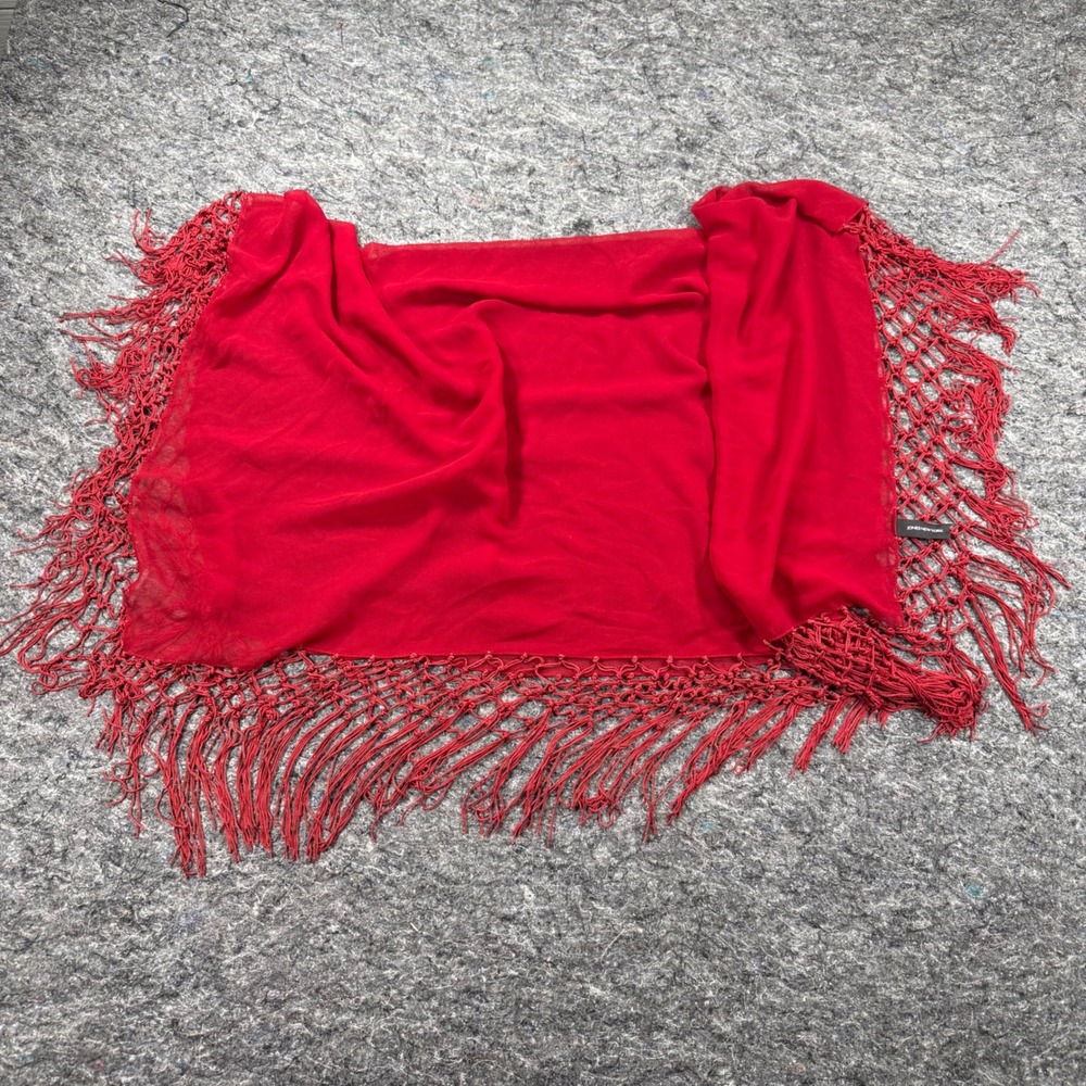 Jones New York Red Sheer Square Scarf Macrame Knotted Fringe Wrap Shawl